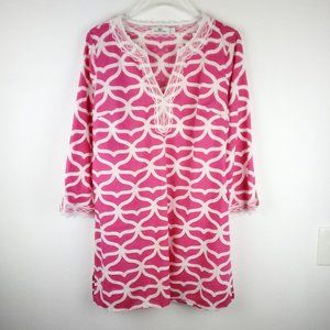 Vineyard Vines tunic shift dress pink white print lace women's M resort